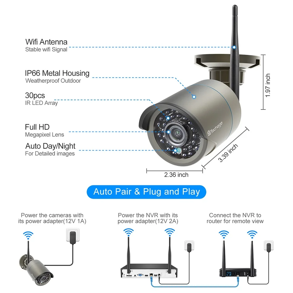 Techage H.265 8CH 1080P HD Wireless NVR Kit CCTV Security System 2MP IR CUT Outdoor Audio Wifi Came - 32944789698