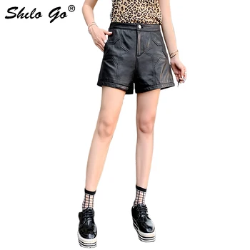 

Star Cut Out Leather Shorts Womens Autumn Casual Sheepskin Genuine Leather Shorts Button Front Concise Straight Shorts Female