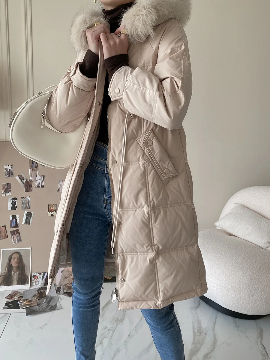 puffy coats High Quality Down Cotton Coat Women Hooded Fox Fur Collar Warm Drawstring Waist Mid-length Jacket New Winter Clothing JD2222 long puffer