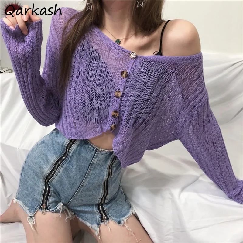 

Women Cardigans Solid V-neck Teen Retro Cropped Knitted Perspective Sun Protection Clothing Tender Stylish All-match Ulzzang Hot