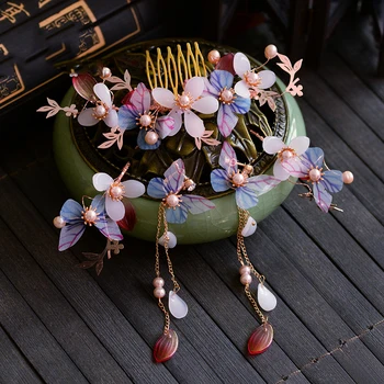

NiuShuya Retro Chinese Hanfu Classical Xiuhe Headdress Silk Yarn Green Purple Butterfly Flower Hair Accessories Hair Jewelries