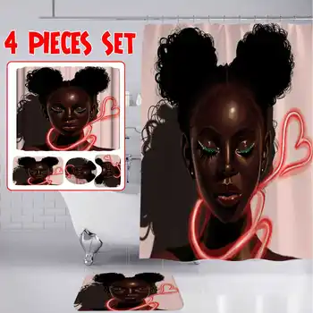 

4 Pcs/Set Toilet Pad Cover Bath Rug Mat Fabric Shower Curtain Set for Bathroom African American Woman Shower Curtain Sets Hooks