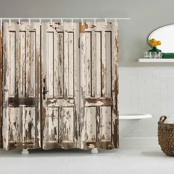 

Waterproof Thicken Retro Wooden Door Polyester Mildew Proof Bath Tub Shower Curtain with 12 pcs Hooks