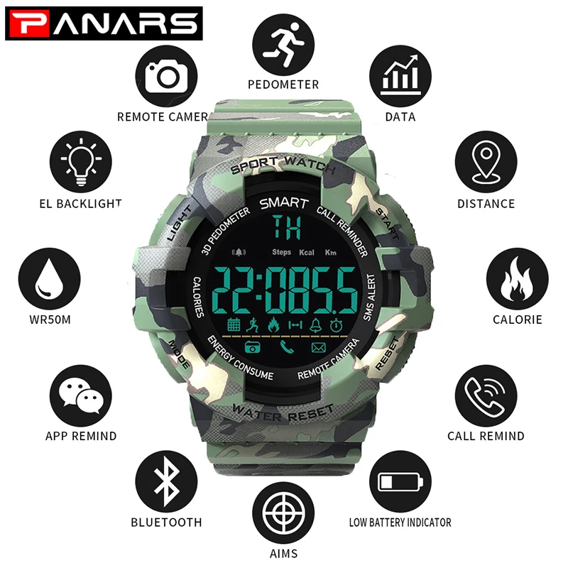

PANARS Shock Military Smart Watch Men Outdoor Sports Smart Watch Man Bluetooth Calorie Message Reminder Smart Watches 2019