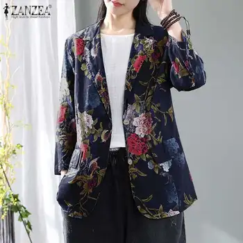 

ZANZEA Women Vintage Floral Print Blazer Suits Autumn Blazers Loose Cardigan Lapel Neck Thin Cotton Linen Coats Casual Jackets