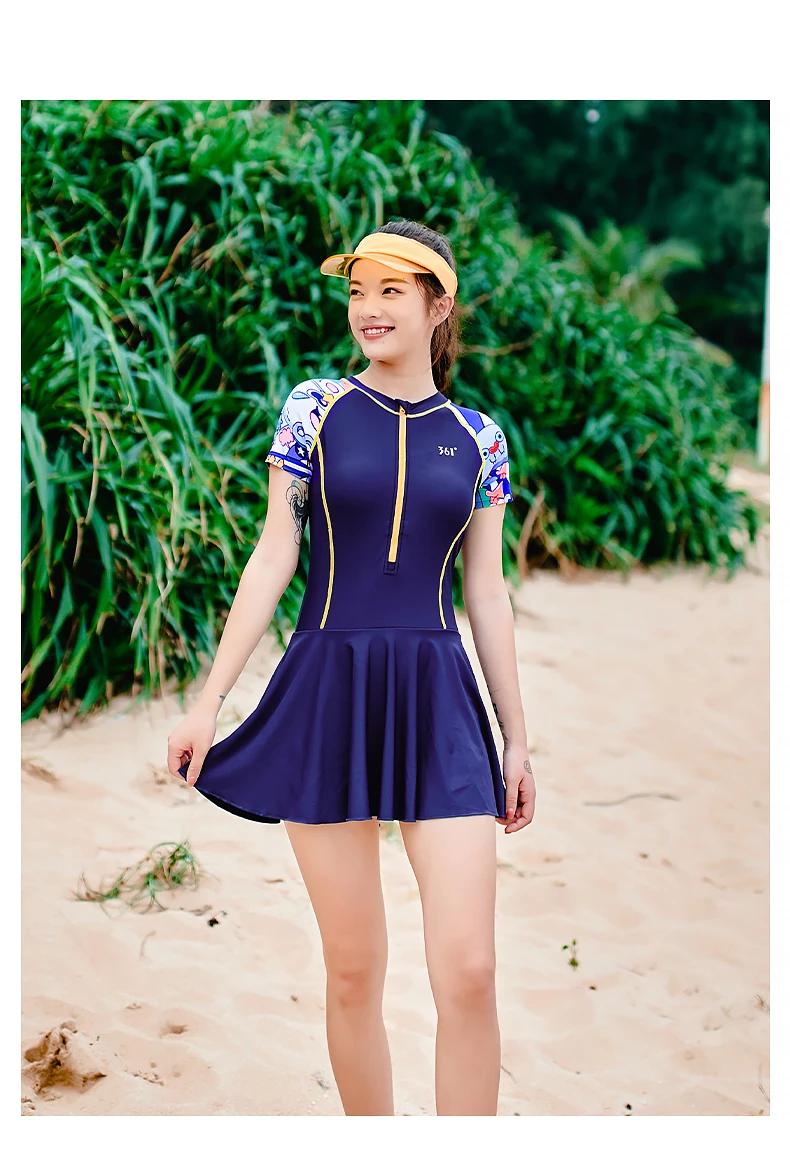 361 Swimsuit Female Summer 2021 One Piece Swim Skirt Short Sleeve Women Swimwear Swim Dress Zipper Stripe Rash Guard