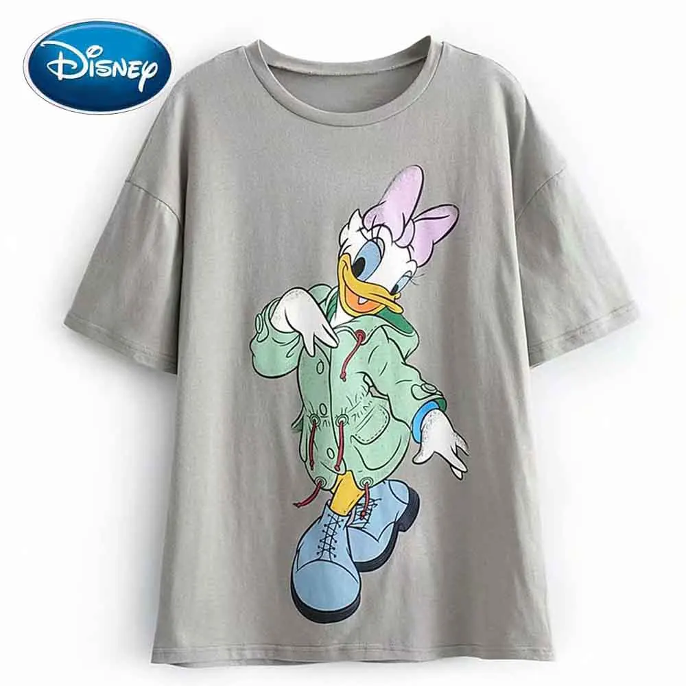 

Disney Chic Fashion Daisy Donald Duck Cartoon Print Gray Women T-Shirt Sweet O-Neck Pullover Short Sleeve 2020 Slim Tee Tops