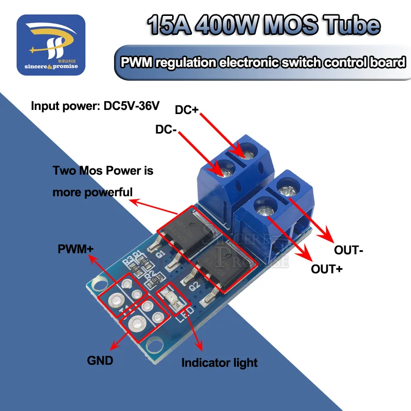 

High Power 15A 400W MOS FET Trigger Switch Drive Module PWM Regulator Electronic Switch Control Panel DC 5V-36V