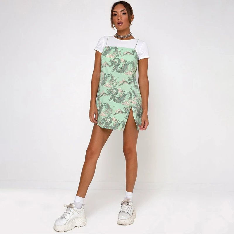 Hugcitar 2020 dragon print sleeveless slit sexy slip mini dress spring summer women streetwear club outfits