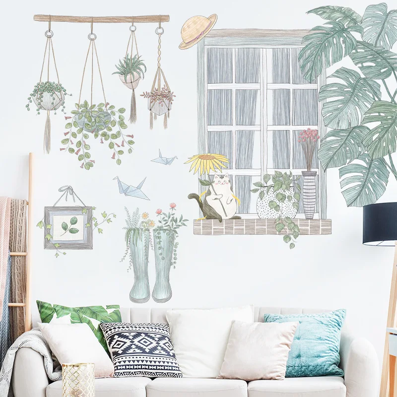 Маленькая кошка окно листья настенные наклейки для детской комнаты спальни