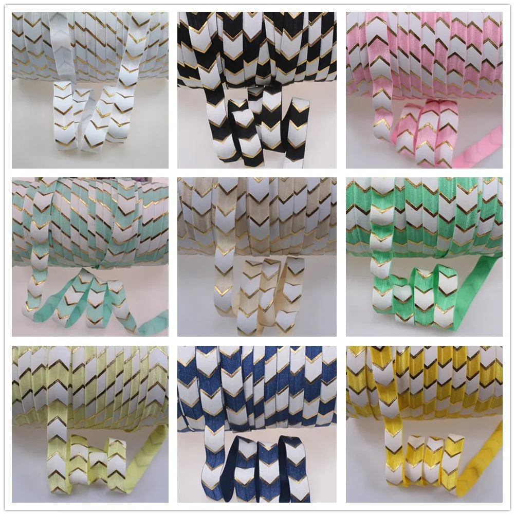 Big gold foil chevron with white ink print foe 5/8&quotFold Over Elastic 50 yards/ lot | Дом и сад