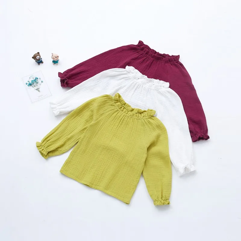 Одежда для малышей; Осенние Топы для маленьких девочек с воротником; Однотонная рубашка с длинными рукавами для маленьких девочек