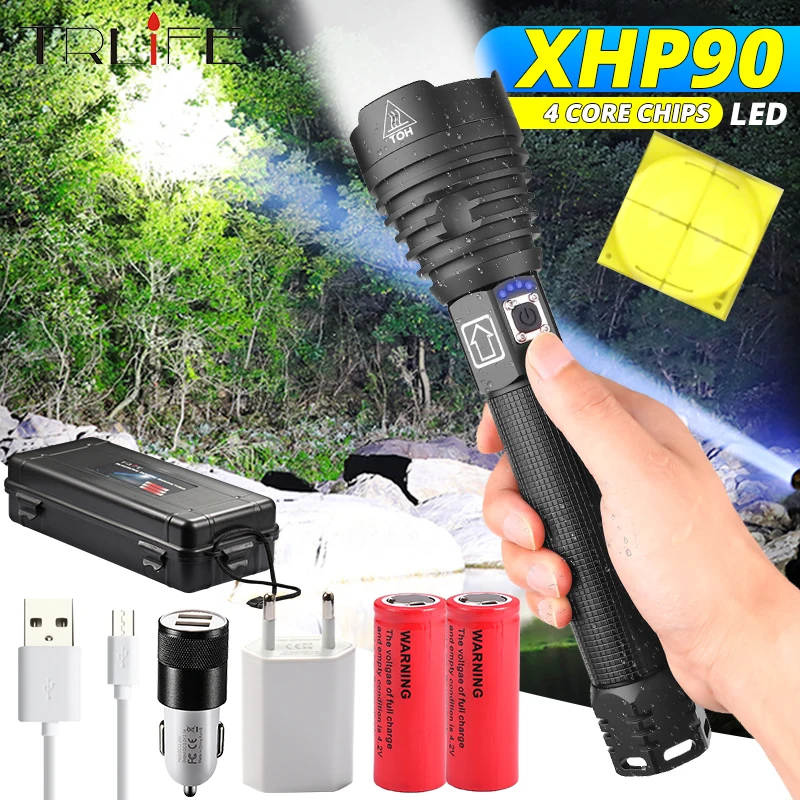 Tanie XHP90 najmocniejsza latarka LED XLamp XHP70.2 USB akumulatorowa latarka taktyczna 18650 26650 latarka z regulacją wiązki światła lampa kempingowa