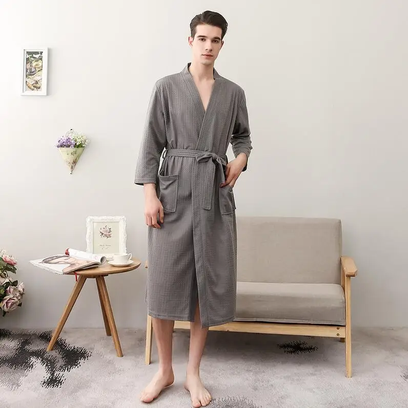 grey-men Осенние вафельные халаты для влюбленных, для мужчин и женщин, кимоно для сосания воды, ночные рубашки размера плюс, банный халат для спа 3XL - Цвет: grey-men