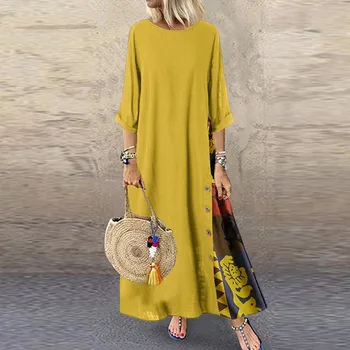 

Autumn Dress Patchwork Casual Three Quarter Sleeve O-neck Button High Low Hem Plus Size Long Dress Vestido 3XL