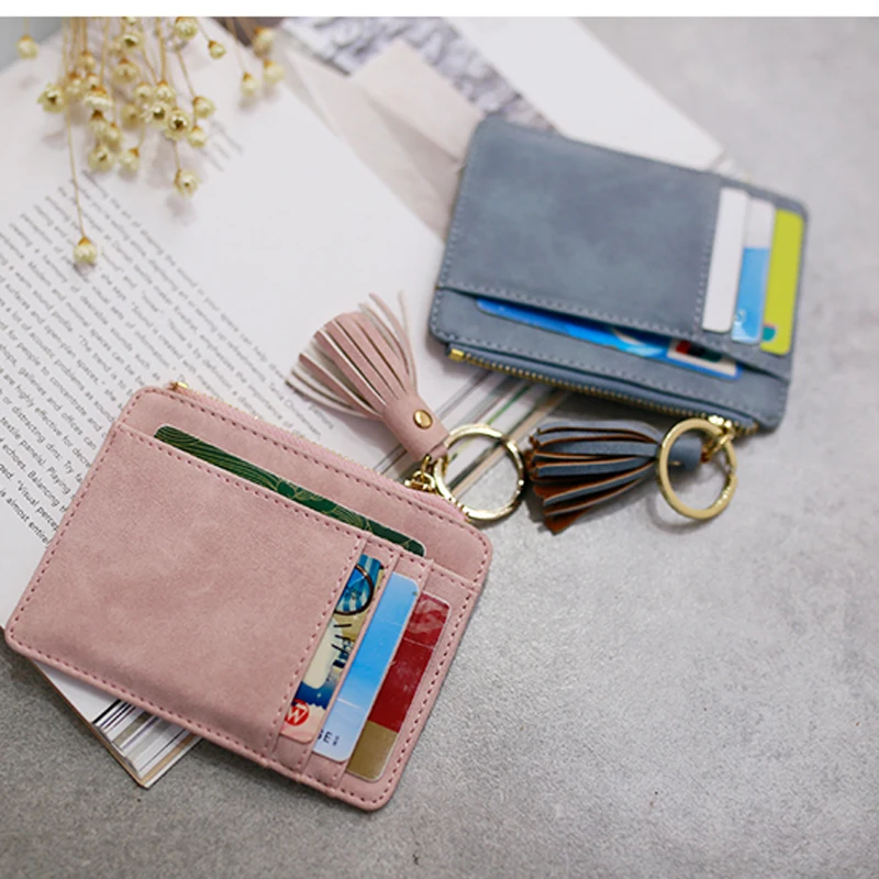 Matt Leather Mini Tassel Women Card Holder Cute Credit ID Card Holders Zipper Wallet Case Change Coin Purse Keychain Nubuck New