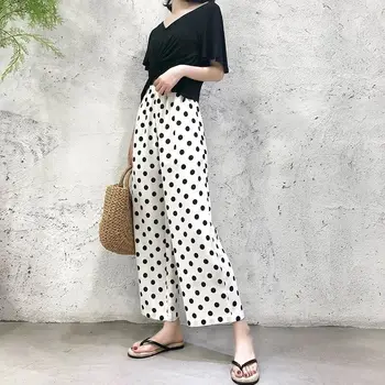 

New Fashion Women's Wide leg Harem Pants Casual High Waist Wave Point Wild Black Flare Pants Elastic Waist Elastic Nine Pants