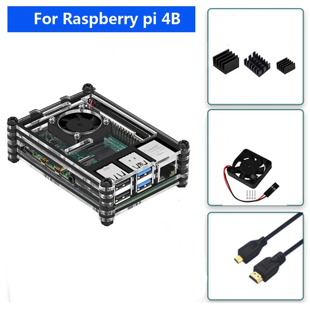 Raspberry PI 4 Model B Acrylic Case With Cooling Fan+32GB SD Card+5V 3A power+Heatsink+HDMI for Raspberry pi 4B