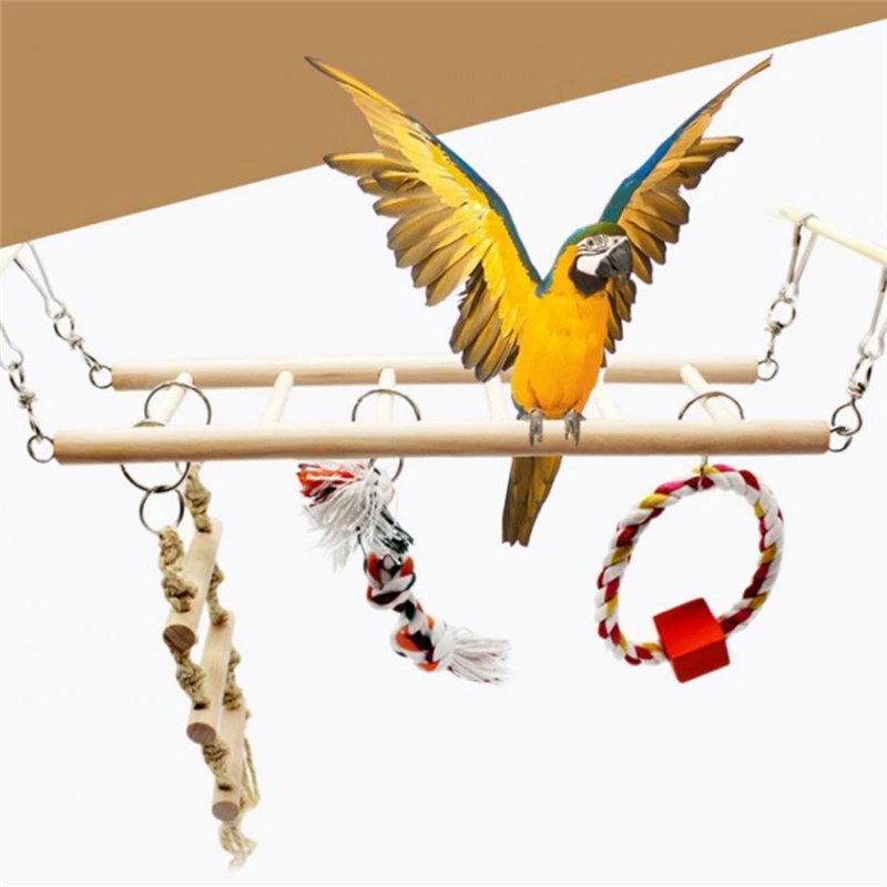 Wooden Hanging Ladder Birds Sewing Bite Toy Stand Rack With Cotton Rope Parrot Climbing Bird Cage Accessories |