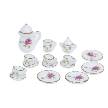 

1:12 15 Pcs Miniature Flower Coffee Tea Cups Set Porcelain Ceramic Tableware Dollhouse Kitchen Accessories Play House Toy