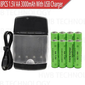 

8pack New Brand Alkaline Rechargeable battery 1.5V AA 3000mah + 1pcs USB Smart Alkaline/NI-MH/Ni-Cd battery charger