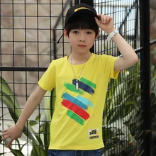 Новинка года; Стильная универсальная детская футболка для мальчиков; летняя одежда для больших мальчиков; детская одежда с короткими рукавами в разноцветную полоску