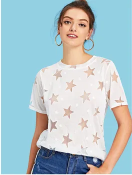 

Slim Summer T Shirt Women Gray New Planet Print Casual Slim Women Tops