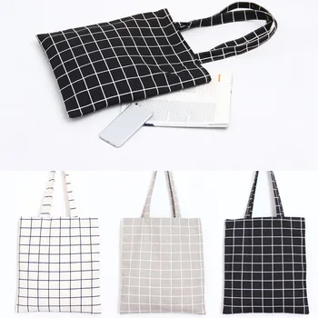

Casual Women Cotton Linen Shoulder Bags Simple Plaid Ladies Reusable Shopping Tote Bag Girls All Match Foldable Beach Handbags