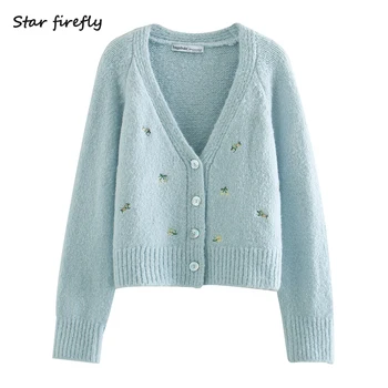 

Star firefly Fashion Za Cardigan Women 2020 Spring New Casual Slim V-neck Flower Embroidered Knit Short Coat