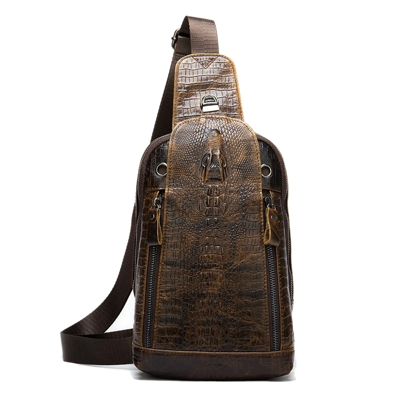 

Men Vintage Leather Shoulder Messenger Bag First Layer Cowhide Crocodile Grain Head Sling Chest Pack Casual Bags