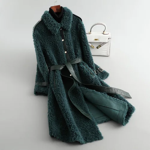 Tcyeek шуба из натурального меха женская винтажная длинная куртка для стрижки овец женская одежда корейская мода шерстяное пальто Топы Hiver 1992 - Цвет: Green