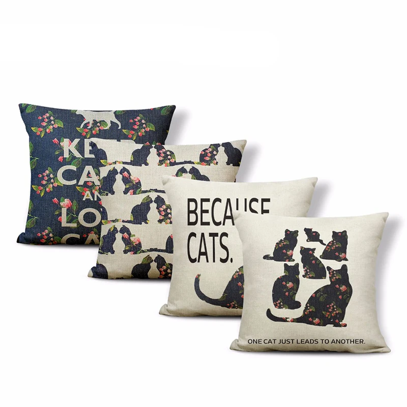 

Funny Cute Cat Pillowcase Plant Text Square Cushion Cover Home Living Room Polyester Linen 43*43Cm Decoration Sofa Cushion Cove