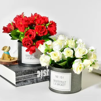 

Fake Silk Rose Flowers + Iron Vase Simulation Plant Mini Bonsai Set for Wedding Party Home Garden Decoration Artificial Flowers