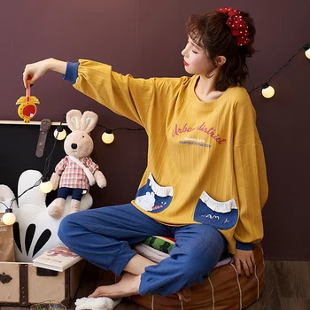 

Women Pajama Set Long Sleeves Long Pants Daisy Printed Sleepwear Plaid Pijama Soft Cute Homewear Spring Autumn Nighty M-2XL