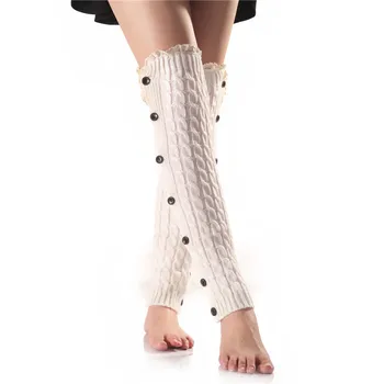 

Fashionable Women Leg Warmers Twist Pattern with Buttons Lace Edge for Winter and Late Autumn