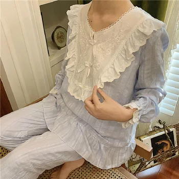 

Spring Sweet White Lace Cotton Women's Embroidery Pajamas Sets Soft Vintage Princess Sleepwear Suits Autumn Pyjamas Plus Size