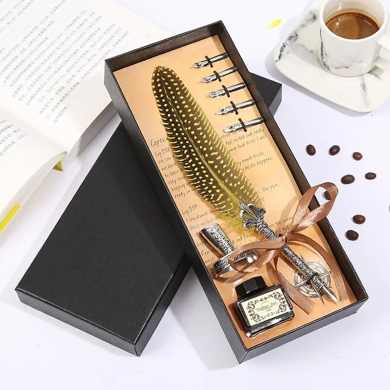 

New Feather Pen Retro Writing Pen Personality Gift Box Packaging Stationery Set Alloy Pen Holder Stainless Steel Nib