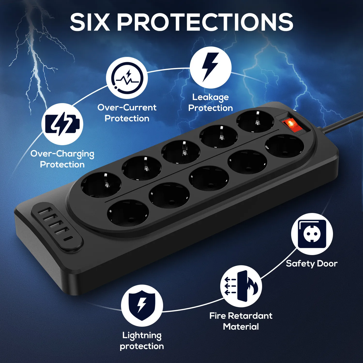 Европейский переходник для розетки 10 розеток 5 портов Usb Type-c Удлинительный кабель