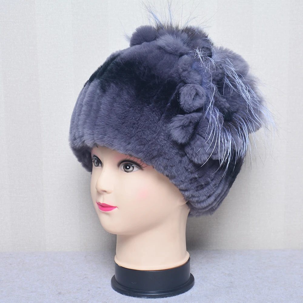 2025 Natural Rex Rabbit Fur Flowers Hat Women Winter Warm Handmade Knit Real Rex Rabbit Fur Caps Lady With Fox Fur Beanies Hats 5