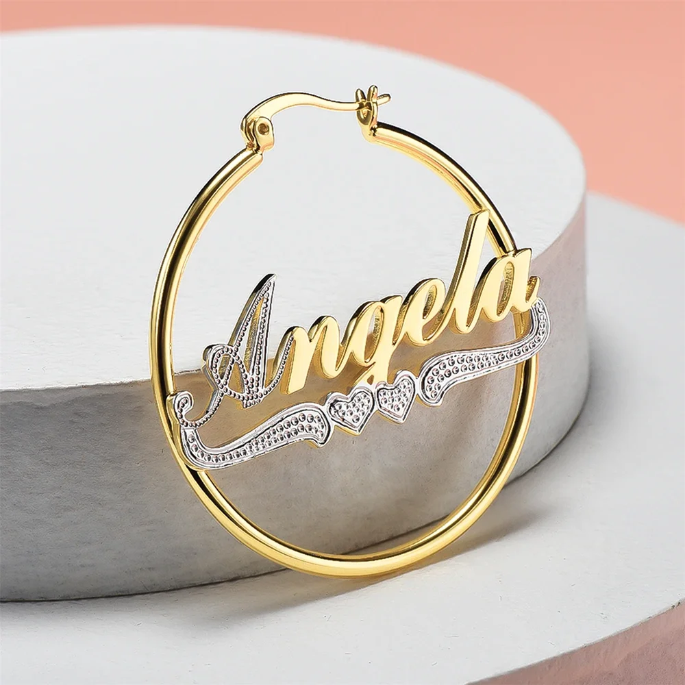 DOREMI Fashion Custom Name Earrings Personalized Stainless Steel Letter With Heart Gold Hoop Earrings Women Christmas Gifts custom name hollow heart necklaces for women stainless steel chain cursive script collier christmas jewelry christmas gift