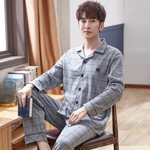 Men's Long Sleeve Summer Cotton Nightwear Gray Plaid Turn-down Collar Men Pajama Sets Plus Size Pijama Pajamas Sleeping Suits
