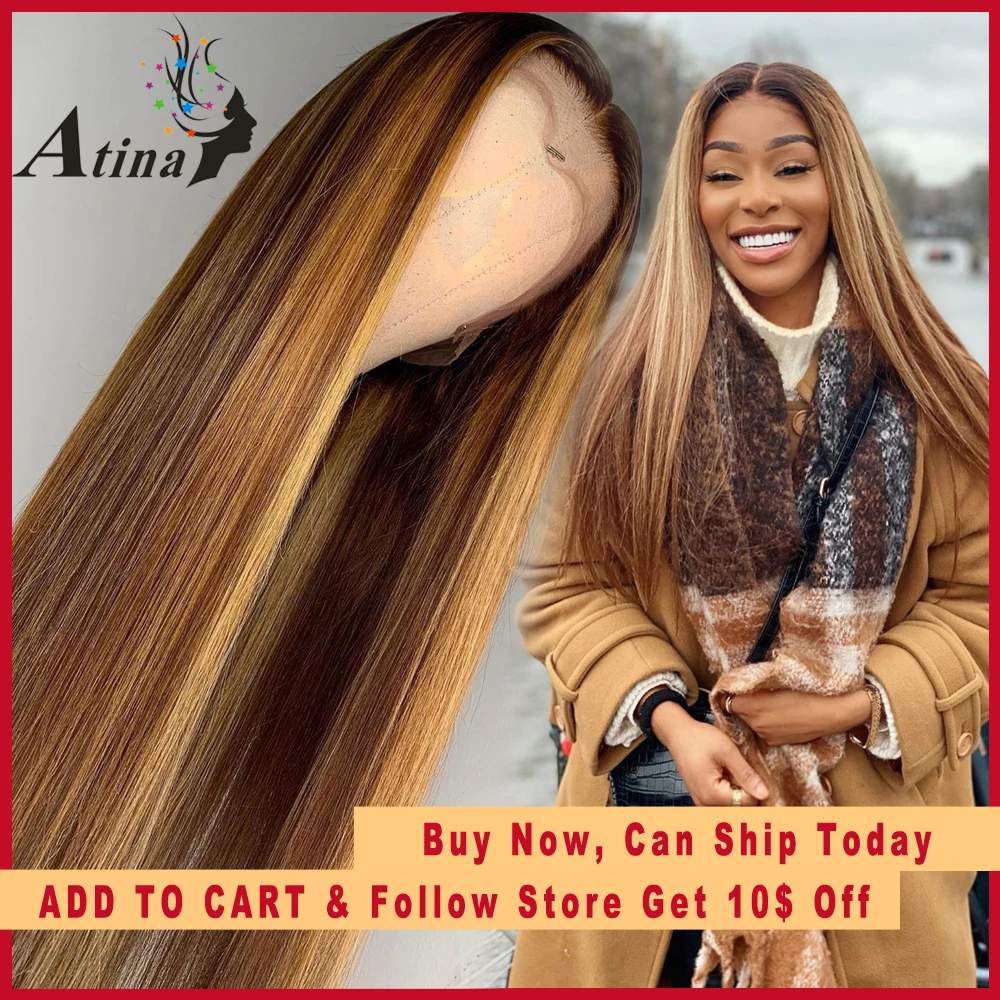 Ombre Highlight Human Hair Wig Brown Honey Blonde Colored 13×6 Lace Front Wigs For Black Women Remy Straight 130 150 180 Density