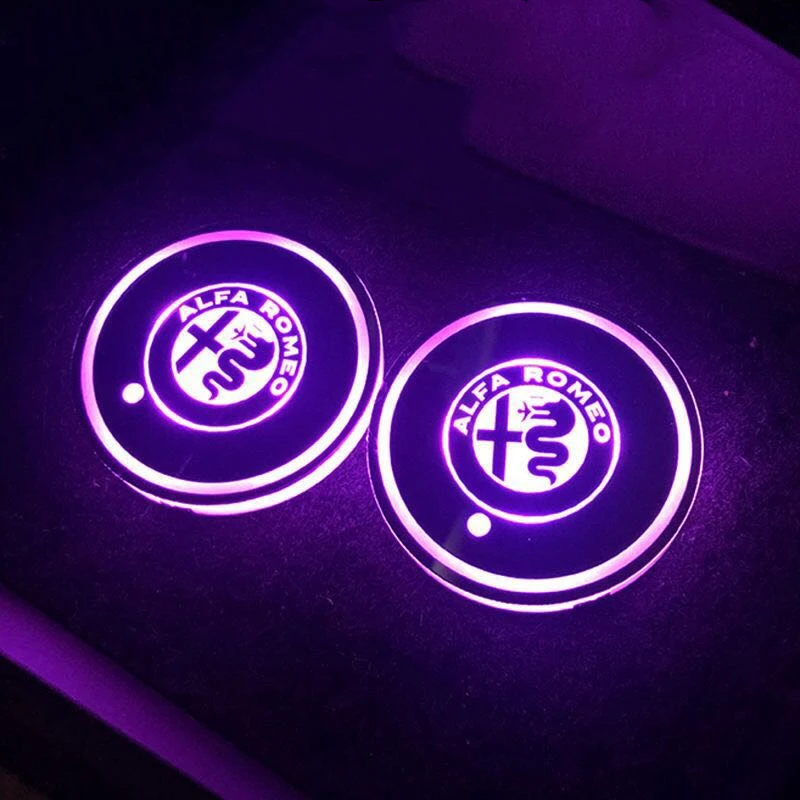 

2X Led Car Logo Cup Lights Colorful Luminous Water Coaster Atmosphere Light For Alfa Romeo Giulietta Spider Mito 147 156 159 166