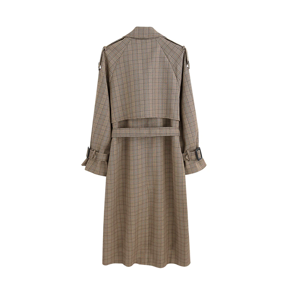 Корейский стиль, Женский Тренч, клетчатое длинное двубортное приталенное пальто с поясом, свободное Женское пальто, верхняя одежда с штормовыми створками