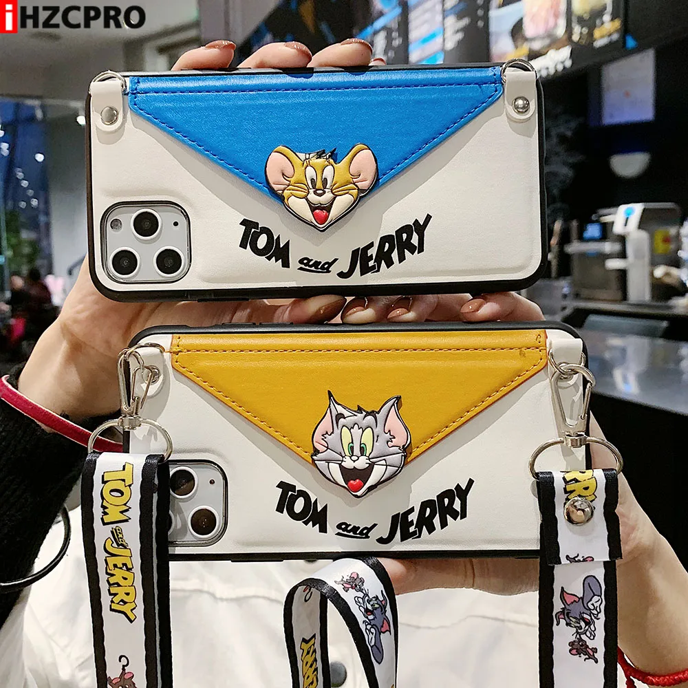 

Cute Cartoon Case for iPhone 11 Pro X XR XS Max 8 7 Plus Wallet Back Cover Cases with Handbag Strap Luxury Leather PU