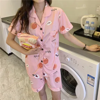 

Pyjama Summer Korean Pajamas Sweet Cute Juicy Peach Tracksuit Pineapple Print Sleepwear Thin Outerwear Lapel Home Clothes S984