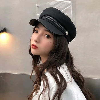 

2020 Octagonal Women's Hats Flat Top Cap Strings Hinged Retro Button Sunshade Suede Cotton Hat Headwear Outdoor Accessories