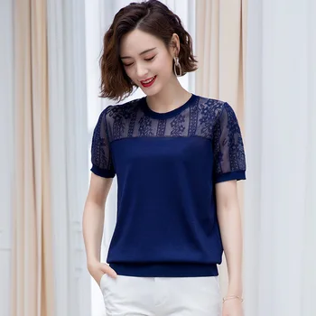 

Fashion 2020 fashion casual loose round neck pattern stitching short sleeve sweater women