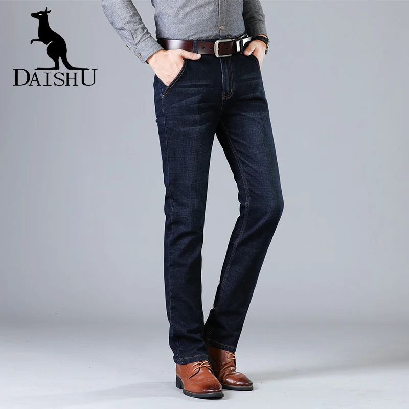 

DAISHU Blue Distressed Cotton Warm Jeans Quick Dry Business Casual Denim Long Pleated Washed Elasticity Slim Jeans Pants Homme