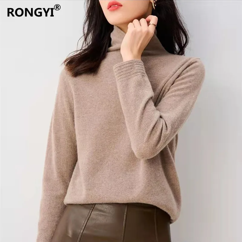 RONGYI Ladies 100%Pure Wool Sweater Spring Autumn New High Neck Tops Large Size Knit Pullover Warm Long-Sleeve Cashmere Sweaters sweater hoodie Sweaters